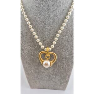 Vintage Express Faux Pearl Necklace Gold Tone Heart Pendant NOS 36"